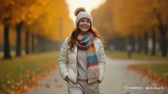 Autumn Park Stroll of a Cheerful Young Woman – AI Generated Video | Hailuo AI