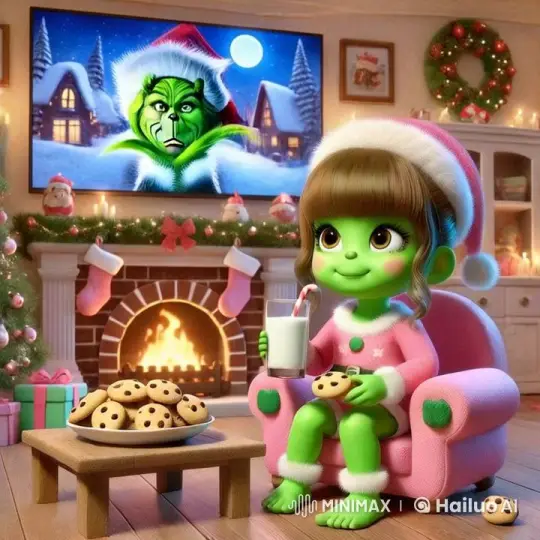 Tiny Green Girl Enjoying Holiday Cheer in Cozy Living Room – AI Generated Video | Hailuo AI