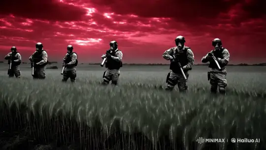 Dystopian Soldiers Spraying Wheat in Red-Hued Sky – AI Generated Video | Hailuo AI