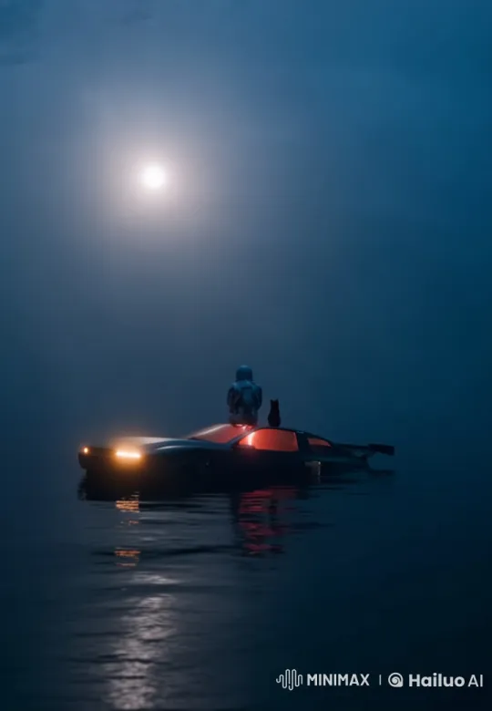 Futuristic Car, Spacesuited Figure, and Pet Cat Over Reflective Water – AI Generated Video | Hailuo AI