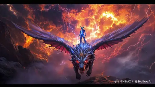 Futuristic Rider on Fiery Winged Creature in Stormy Sky – AI Generated Video | Hailuo AI