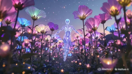Glowing Figure in Enchanted Flower Field – AI Generated Video | Hailuo AI