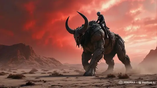 Armored Rider on Monstrous Beast in Red Desert Sky – AI Generated Video | Hailuo AI