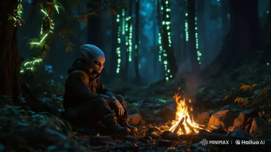 Alien in Enchanted Forest by Campfire – AI Generated Video | Hailuo AI