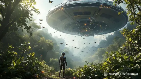 Humanoid Observes Hovering Spaceship in Jungle Setting – AI Generated Video | Hailuo AI