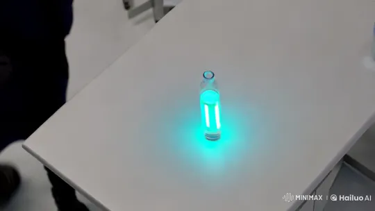 Scientist Positions Luminescent Vial in Minimalist Lab – AI Generated Video | Hailuo AI