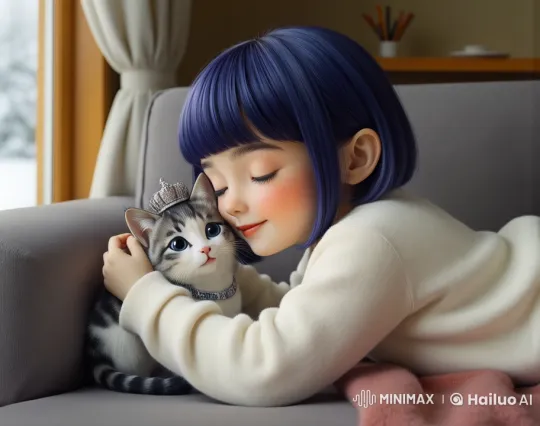 Young Sister and Fluffy Cat's Cozy Living Room Bonding – AI Generated Video | Hailuo AI