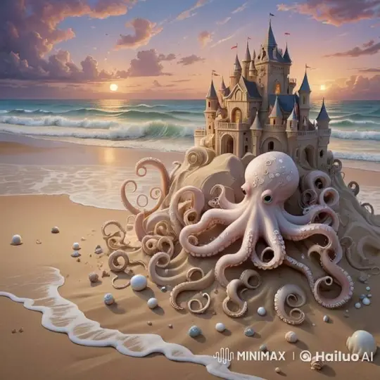 Octopus Crafts Elegant Sandcastle at Serene Sunset Beach – AI Generated Video | Hailuo AI