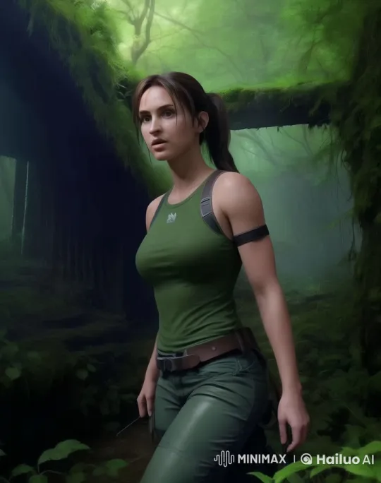Woman Explores Ancient Mossy Forest, Alert and Focused – AI Generated Video | Hailuo AI