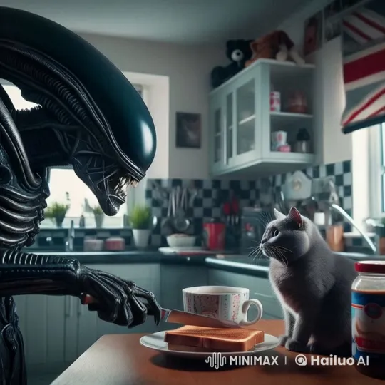 Alien and Cat Bond Over Toast in Modern Kitchen – AI Generated Video | Hailuo AI