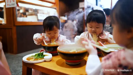 Japanese Sisters Enjoy Ramen in Kumamoto Shop – AI Generated Video | Hailuo AI