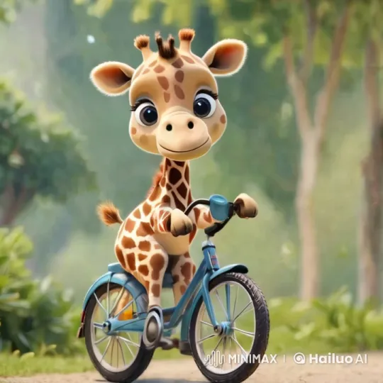 Animated Giraffe Joyfully Rides Bicycle in Lush Forest – AI Generated Video | Hailuo AI