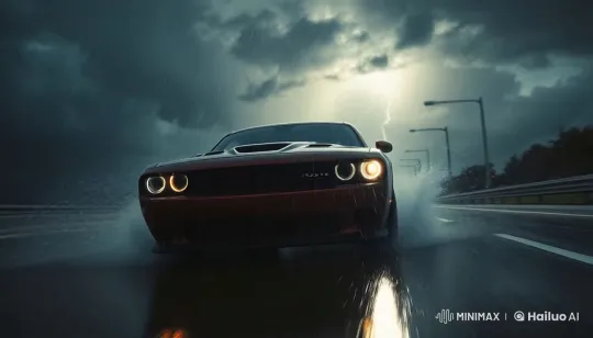 Dodge Car Showcase: Lightning-Illuminated High Speed Drive – AI Generated Video | Hailuo AI