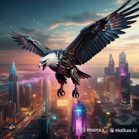 Cybernetic Eagle Over a Futuristic Cityscape – AI Generated Video | Hailuo AI
