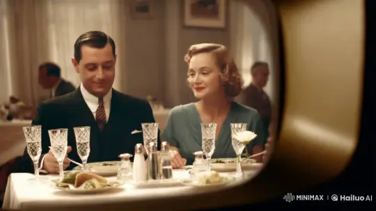 Retro TV Aesthetic: Dining Couple in Vintage Broadcast – AI Generated Video | Hailuo AI