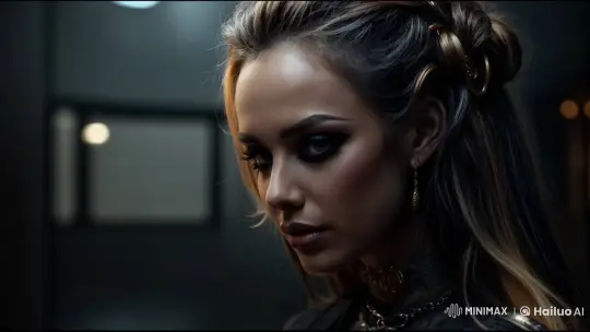 Poised Woman with Makeup and Tattoo Walks Away in Dim Light – AI Generated Video | Hailuo AI