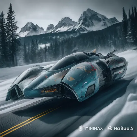 Futuristic Car Speeding Through Snowy Mountainous Terrain – AI Generated Video | Hailuo AI