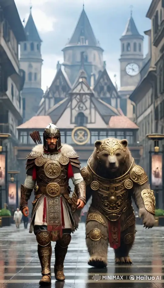 Medieval Warrior and Armored Bear in Epic Procession – AI Generated Video | Hailuo AI