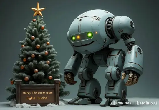 Robot Unwraps Gear Ornament in Snowy Christmas Setting – AI Generated Video | Hailuo AI