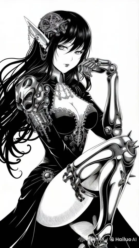 Monochrome Animated Drawing of a Mechanical Fantasy Female Character – AI Generated Video | Hailuo AI