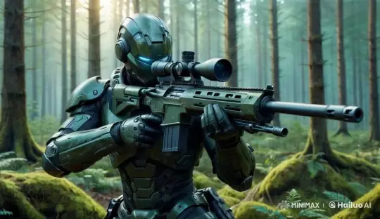 Futuristic Soldier on Guard in Serene Forest – AI Generated Video | Hailuo AI