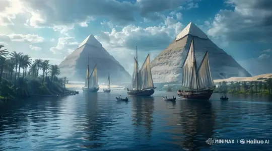 Tranquil River Scene with Sailboats and Pyramids – AI Generated Video | Hailuo AI