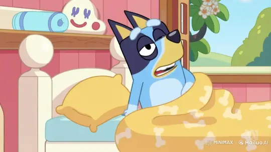 Sleepy Blue Dog Wakes Up in Cozy Animated Bedroom – AI Generated Video | Hailuo AI