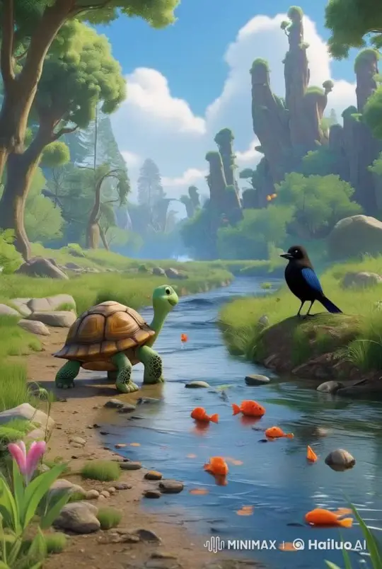 Cheerful Turtle and Bird by a Flowing Stream – AI Generated Video | Hailuo AI