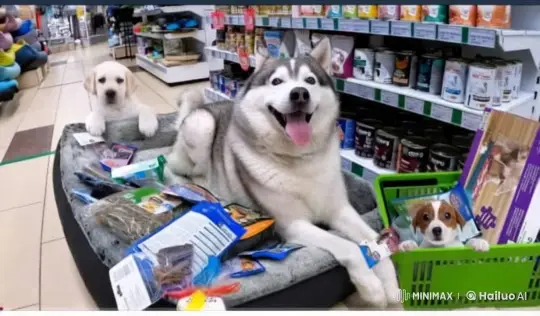 Husky's Playful Antics with Toy Gun in Pet Store – AI Generated Video | Hailuo AI