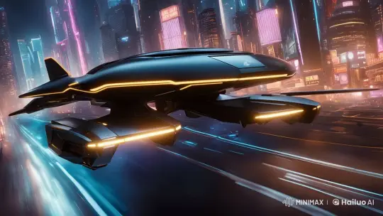 Futuristic Hover Vehicle in Neon-Lit Dystopian Cityscape – AI Generated Video | Hailuo AI