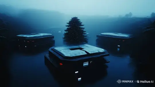 Mystical Winter Scene with Floating Buildings and Christmas Tree – AI Generated Video | Hailuo AI