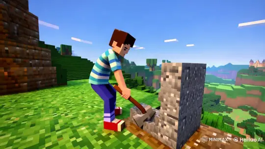 Young Boy Mining in Pixelated Minecraft World – AI Generated Video | Hailuo AI