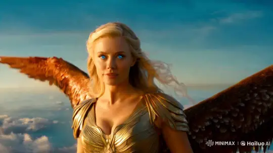Blonde Woman with Feathery Wings Soars in Ethereal Sky – AI Generated Video | Hailuo AI