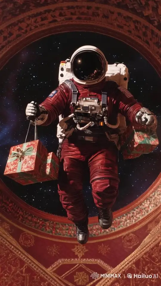 Astronaut Floats with Gifts in Festive Space Scene – AI Generated Video | Hailuo AI