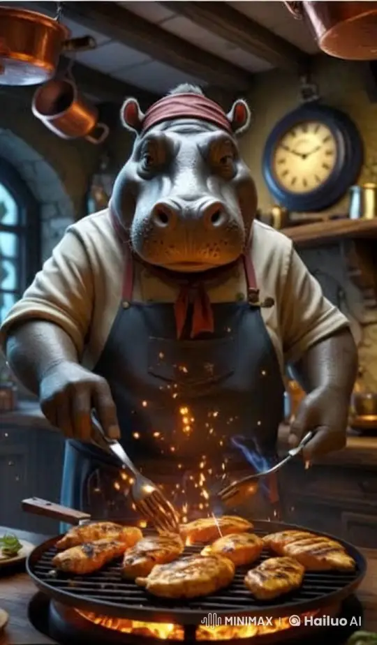 Chef Gus the Hippo Grills Enchanted Chicken in Magical Kitchen – AI Generated Video | Hailuo AI