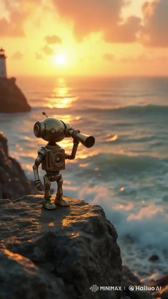 Vintage Robot Observes Sunset with Telescope – AI Generated Video | Hailuo AI