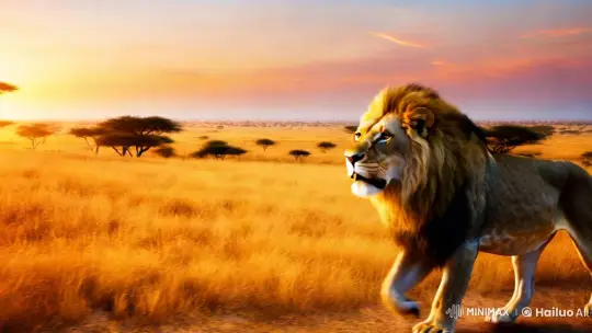 Majestic Lion in Slow Motion on Expansive Savanna at Sunset – AI Generated Video | Hailuo AI