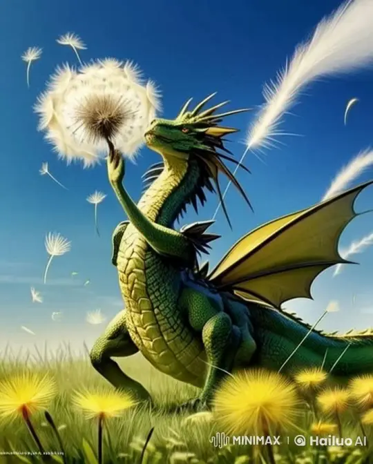 Green Dragon Scatters Dandelions in Whimsical Animation – AI Generated Video | Hailuo AI