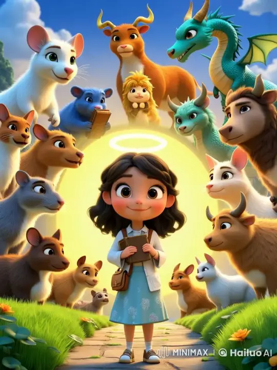 Joyful Girl with Book Surrounded by Admiring Animated Animals – AI Generated Video | Hailuo AI