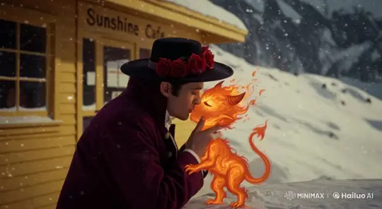 Snowy Café: Person Kisses Fiery Creature Amidst Falling Snow – AI Generated Video | Hailuo AI