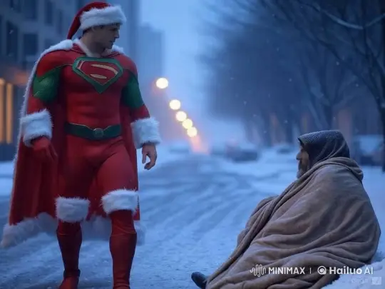 Superhero Shows Empathy to Homeless in Winter Night's Serenity – AI Generated Video | Hailuo AI