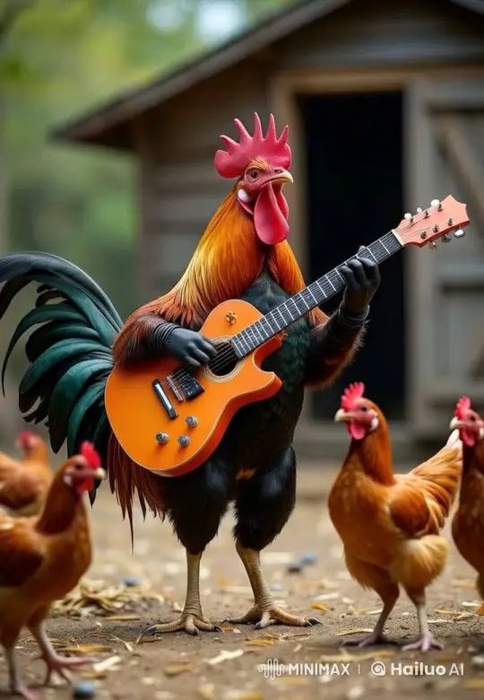 Musical Rooster Leads Farmyard Jam Session – AI Generated Video | Hailuo AI