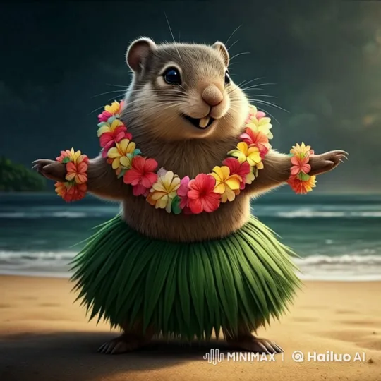 Cheerful Chipmunk Hula Dances on Tropical Beach at Sunset – AI Generated Video | Hailuo AI