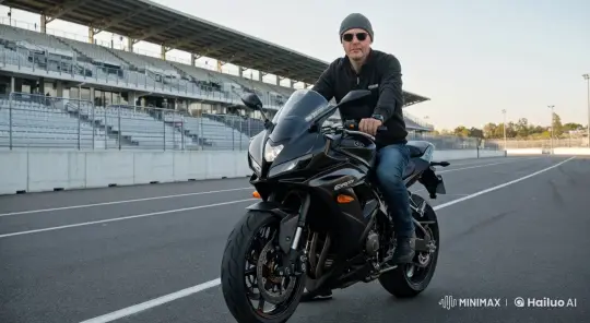 Man Prepares for Ride on Empty Race Track – AI Generated Video | Hailuo AI