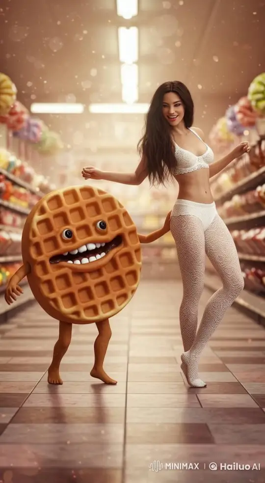 Joyful Dance in Candy Shop with Animated Waffle – AI Generated Video | Hailuo AI