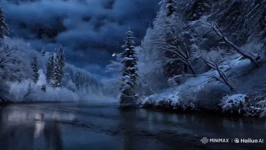 Winter Night: Tranquil River, Snowy Forest, Moonlit Reverie – AI Generated Video | Hailuo AI