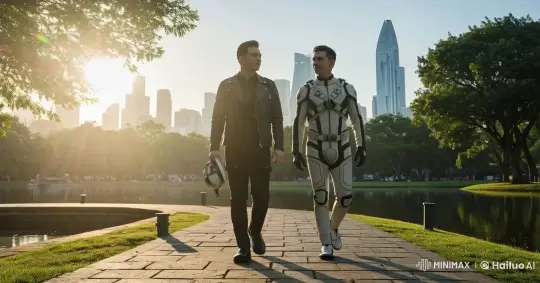 Two Men Stroll Through Park in Futuristic Cityscape – AI Generated Video | Hailuo AI