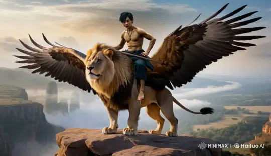 Majestic Winged Lion Soars with Rider in Mythic Flight – AI Generated Video | Hailuo AI