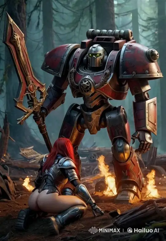 Armored Figure Dominates Red-haired Warrior in Forest Confrontation – AI Generated Video | Hailuo AI