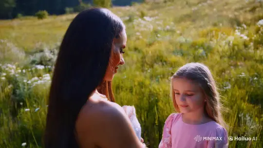 Gale Milana and Young Girl in Serene Meadow Interaction – AI Generated Video | Hailuo AI